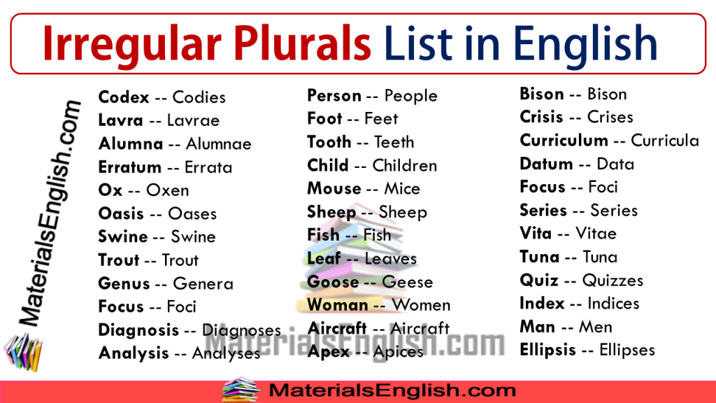 Irregular Plurals List in English Materials For Learning English