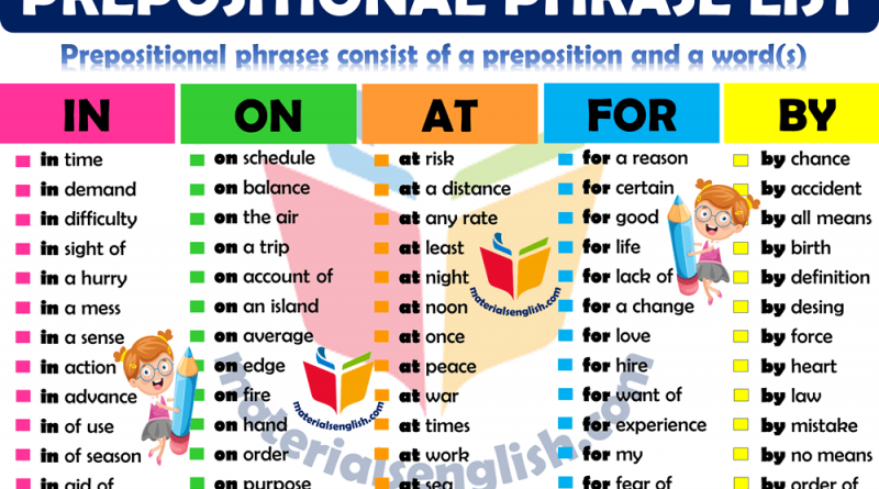 prepositional phrases list in english